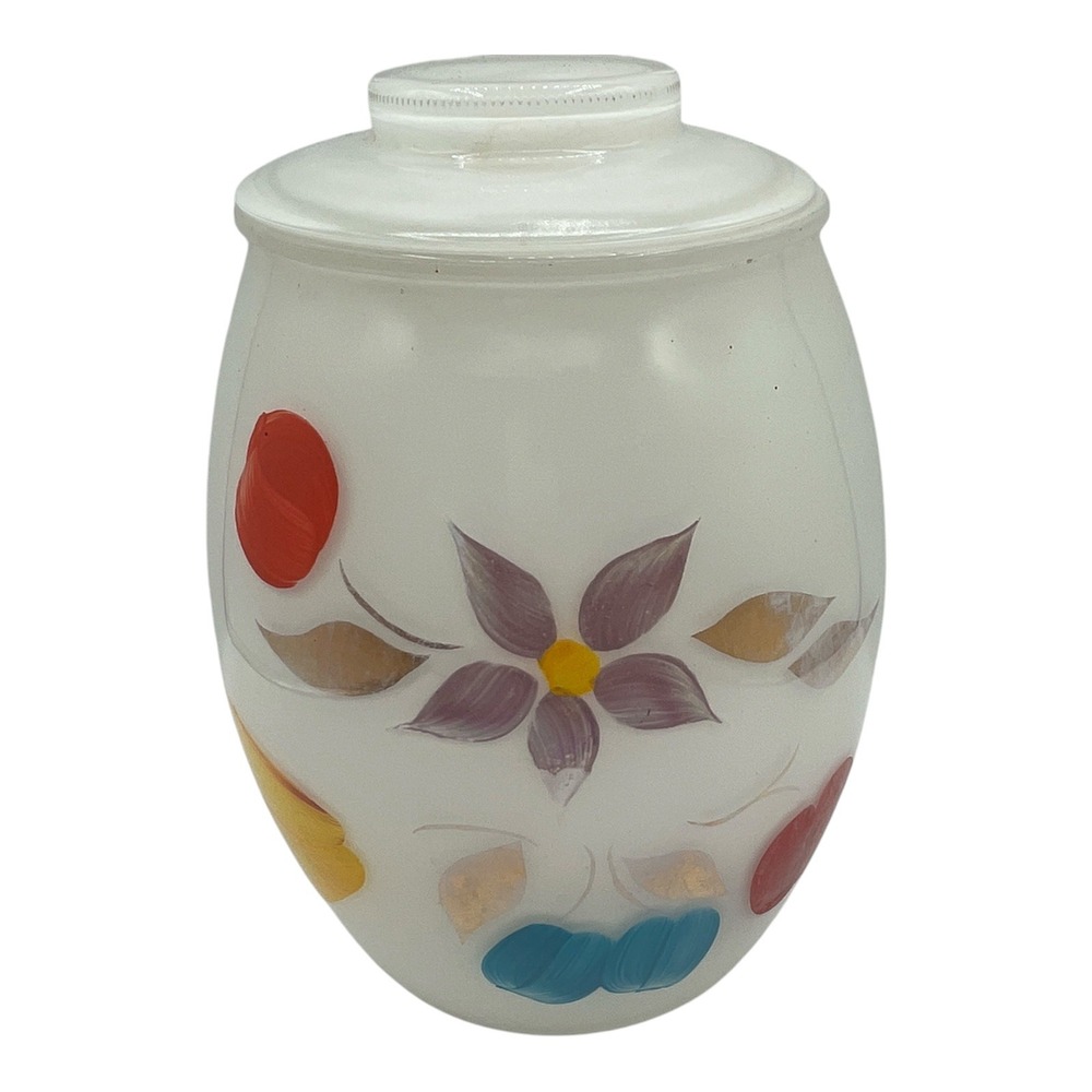 Vtg MCM Barlett Collins White Glass Hand Painted frosted Cookie Jar Gay Fad READ